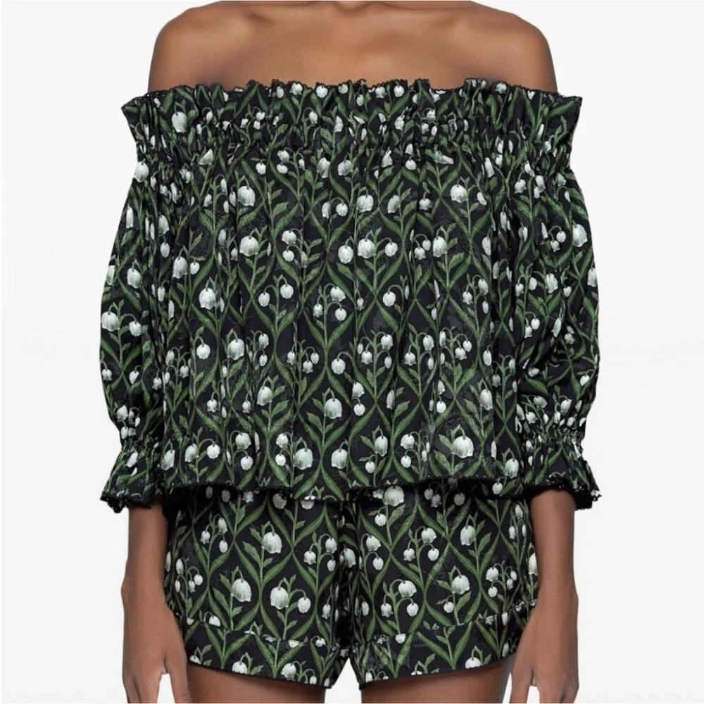 AGUA BY AGUA BENDITA Floral Off-Shoulder Top - Black and Green Size M - Picture 5 of 12